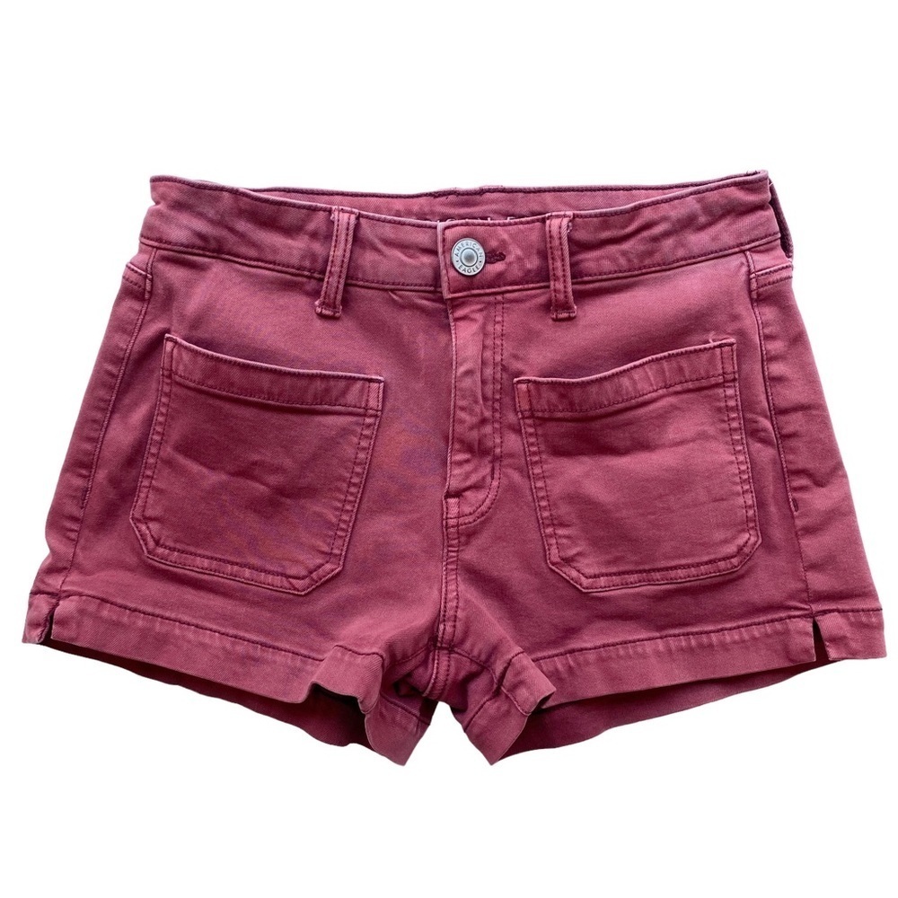 American Eagle Shorts Women Size 4 Red Denim Hi Rise Shortie Square Patch Pocket